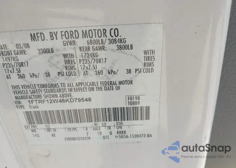 2008 Ford F-150 Fx2/Stx/Xl/Xlt z USA, uszkodzony, nr VIN 1FTRF12W48KD79548